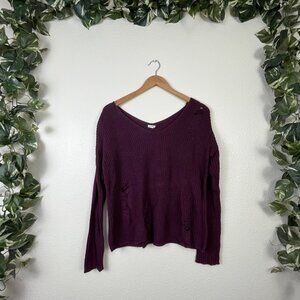 Garage Scoop Neck Knit Distressed Sweater Purple Women’s Size S